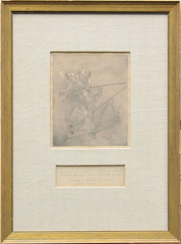 Drawing,Felix Octavius Carr Darley, Farmers: Framed pencil and ink wash, ''Here Once the Embattled Farmers Stood...'', by Felix Octavius Carr Darley (American, 1822-1888), signed ''FOC Darley'' lower right, sight: overall: 15''h x 11.25''w