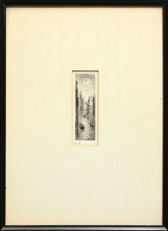 Etching, Luigi Olivetti, Venetian Canal: (Lot of 2) Framed gouache, ''View of Mt. Vesuvius'', signed ''Grouevl'' lower right, and framed etching, Venetian Canal Scene, by Luigi Olivetti (Italian, 1850-1940) signed ''Olivetti'' lower left, la