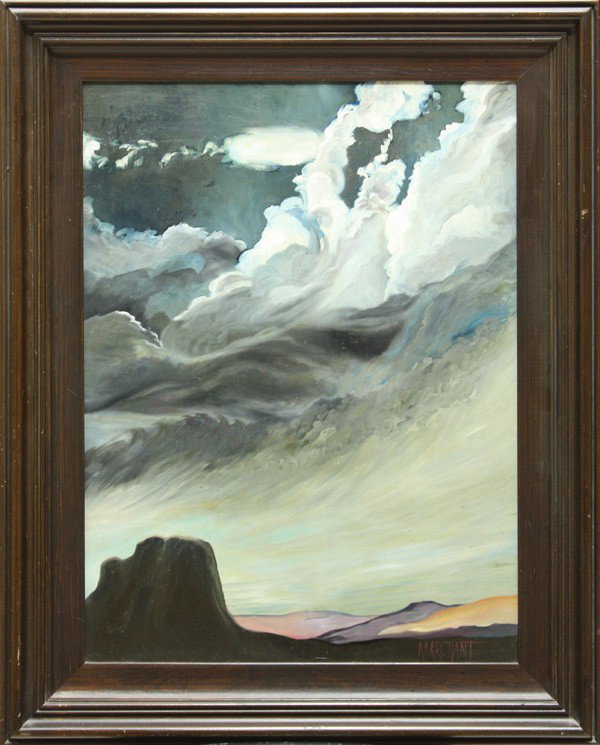 Painting, signed ''Marchant'', Storm Clouds: Framed oil on board, Storm Clouds Over the Desert, American School (20th Century), signed ''Marchant'' lower right, sight: 24''h x 18''w, overall: 30.5''h x 24.5''w