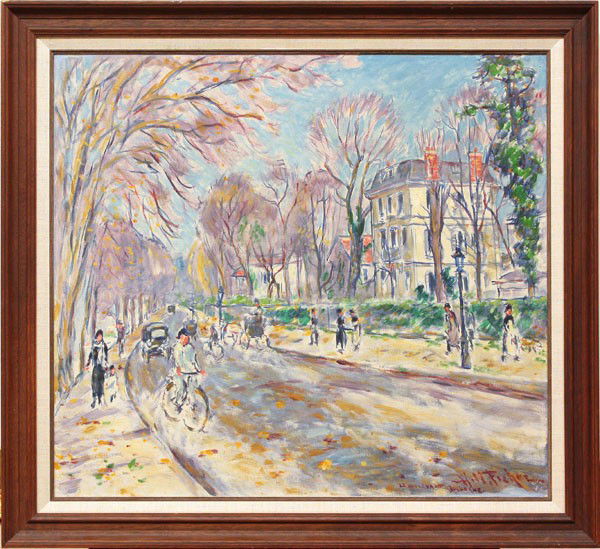 Painting, Hugo Melville Fisher, Boulogne: Framed oil on board, ''Le Boulevard Boulogne,'' by Hugo Melville Fisher (Californian, 1878-1946), signed and titled ''H.M. Fisher, Le Boulevard Boulogne'' lower right, sight: 26''h x 29''w, overall: 3