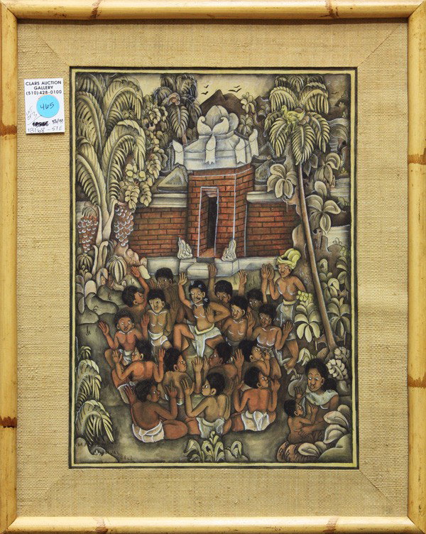 Three works on paper, one by Hon Chew Hee: (Lot of 3) Framed color lithograph, ''Young Artists'', by Hon Chew Hee (Californian, 1906-1993), signed ''H.C. Hee'' lower right, framed gouache and colored pencil, Balinese Scene, signed indistinctly