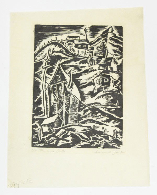 Etching, George Ashley, San Francisco: (Lot of 2) George Ashley, Ferry Tower San Francisco etching circa 1925 signed and titled together with Leonard Funk San Francisco Huts woodcut circa 1930 signed and titled, Asa Cheffetz up North wood