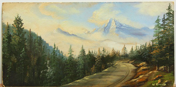 Painting, V. Grove, Mt. Shawano: Unframed oil on board, ''Mt. Shawano, Colo.'' signed ''V. Grove'' lower right, dated ''40'', titled en verso, overall: 10''h x 20''w