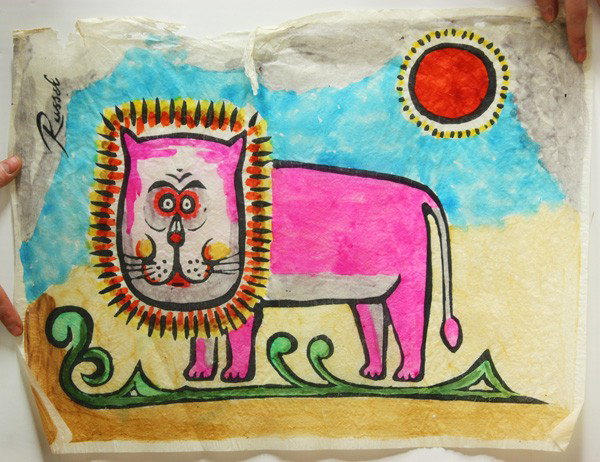 3 works on paper: (Lot of 3) Unframed works on paper; watercolor, Abstract Lion, signed ''Russel''; color lithograph, Abstract of Sun, unsigned; and tempera, Abstract of Dog and Blue Bird, unsigned, largest overall: 17