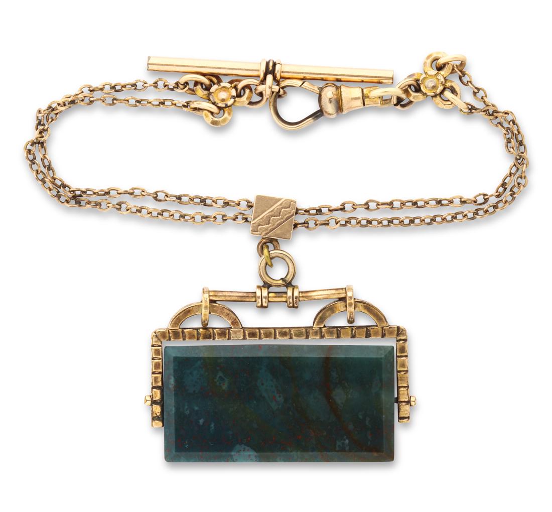A bloodstone and gold-filled watch fob: A bloodstone and gold-filled watch fobdesigned as a cable link watch fob, suspending an articulated bloodstone tablet. 11.6 dwt; chain length: 7 in; fob length: 1 1/2 in