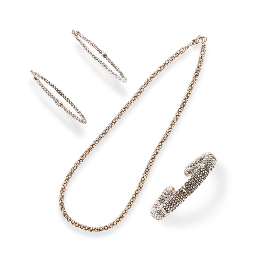 A pair of sterling silver earrings, bracelet and necklace suite, Caviar, Lagos (1 of 2)