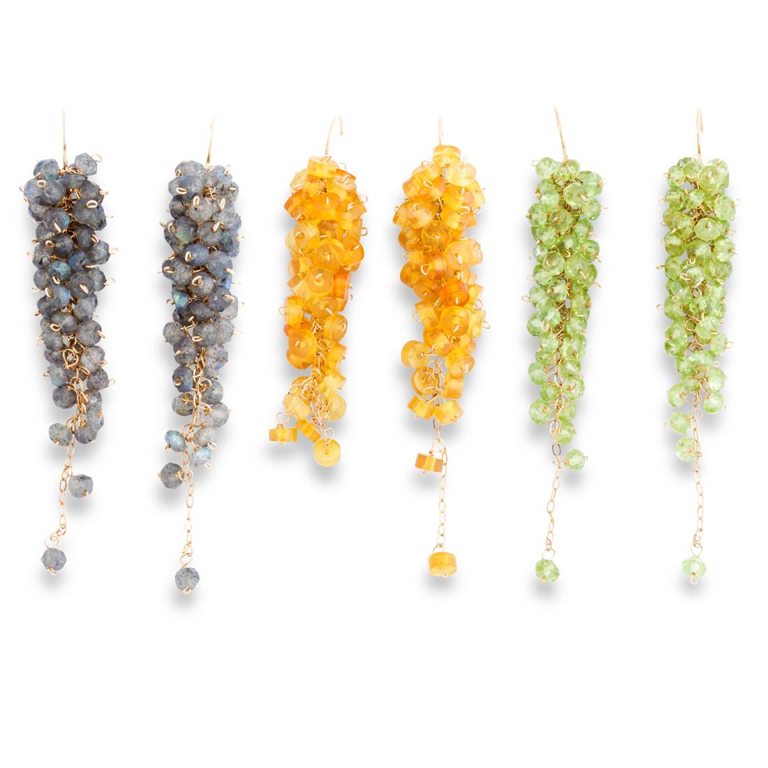 A group of gemstone and fourteen karat gold earrings: A group of gemstone and fourteen karat gold earringsincluding three pairs of earrings, each designed as fringes of labradorite, citrine or peridot beads, on cable link chain. 11.3 dwt; lengths; all 2