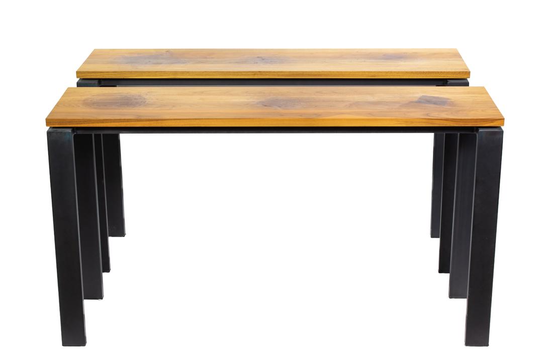 Pair of Room & Board console tables: Pair of Room & Board console tables, each having a rectangular top above a metal base, 30.5"h x 54"w x 14"d