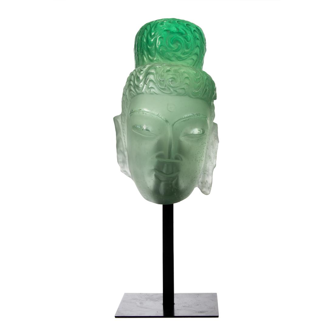A Daum pate de verre glass head of Bodhisattva: A Daum pate de verre glass head of Bodhisattva after an example in MusÃ©e Cernuschi, limited edition 4 of 288, engraved 'Daum France 004 / 288', raised on metal stand, 13.5"h (head); 20.5"h (overall