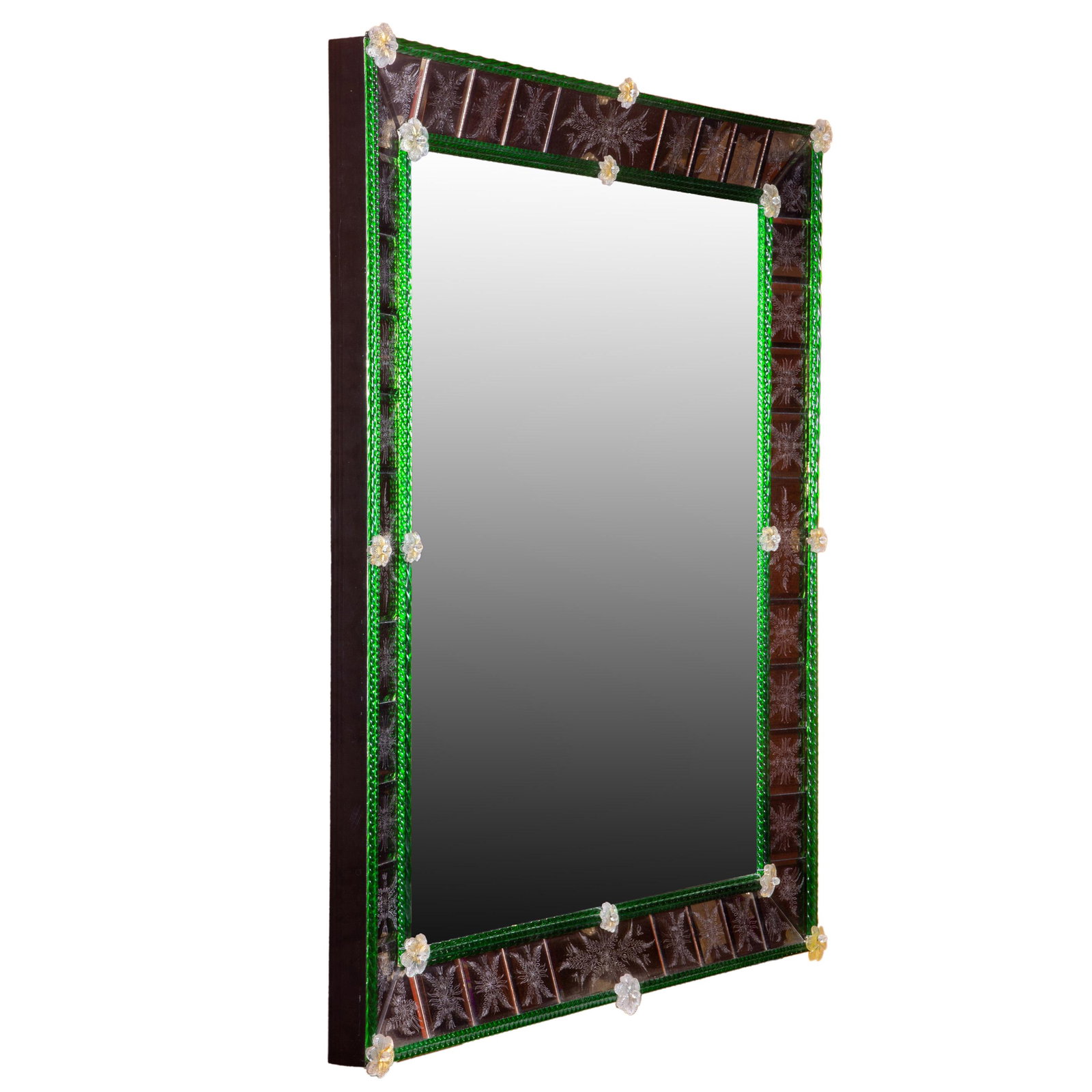 Venetian mirror, in the manner of Venini or Barovier & Toso: Venetian mirror, in the manner of Venini or Barovier & Toso 20th century, colored glass, gold inclusions, 45"h x 42"w