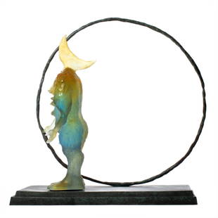 Daum, Enlacer L'Espace: Daum, Enlacer L'Espacedesigned by Richard Texier, pate de verre glass and patinated bronze, depicting a figure with hoop, limited edition 1 of 125, engraved 'Richard Texier, Daum France 001 / 125', 20