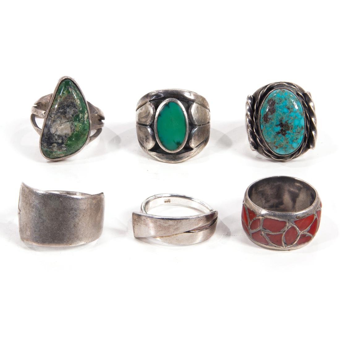 Four Native American silver rings inlaid with coral enamel (1 of 2)