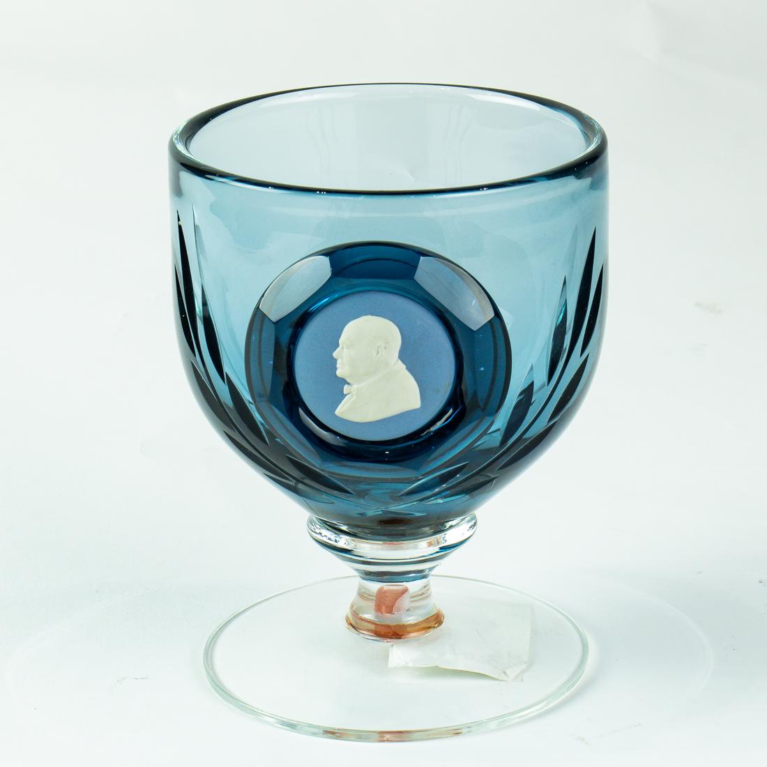 Wedgwood jasper and cut glass goblet: Wedgwood jasper and cut glass goblet, the bowl inset with portrait roundel of Winston Churchill, 5.25"h