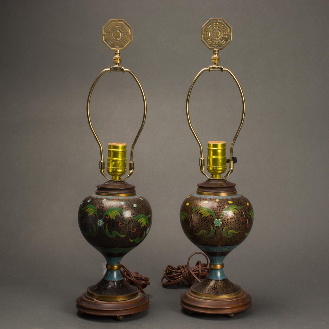 Pair Chinese cloisonne enamel lamps: Pair Chinese cloisonne enamel lamps, each 20.25"h.