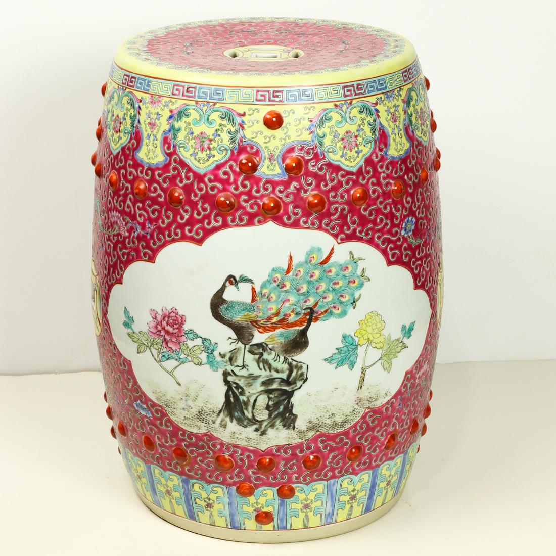 Chinese famille rose garden seat: Chinese famille rose garden seat, 18.5"h.