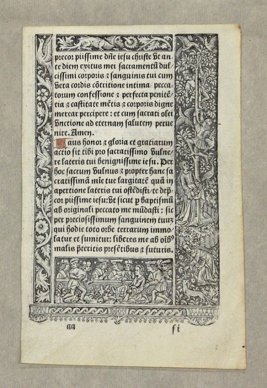 Illuminated manuscript leaf, Book of Hours: Ecclesiastical incunable manuscript page, Medieval Game, metal cut on vellum leaf, from a Book of Hours, printed by Phillipe Pigouchet for Simon Vostre, Paris, 1496-1497
