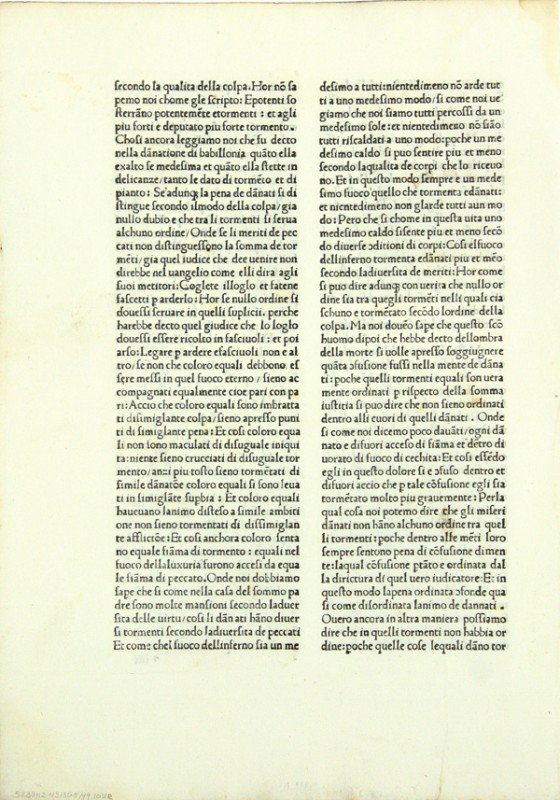 Ecclesiastical manuscript leaf: Ecclesiastical incunable manuscript page, Moralia Sopra La Vita Di Job, by Pontifus Maximus Gregorius I, printed by Nicolaus Laurentii, Florence, 1486