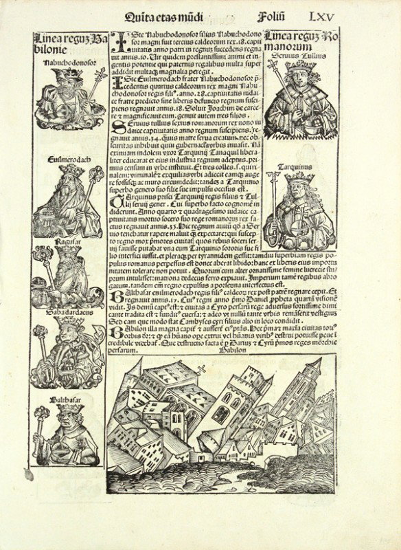 Leaves from the Nurenberg Chronicle: (lot of 4) Incunable manuscript leaves, Nurenberg Chronicle, 1493, by Hartmann Schedel, printed in the workshop of Michael Wolgemut, Albrecht Durer was an apprentice with Wolgemut from 1486 to 1489, h
