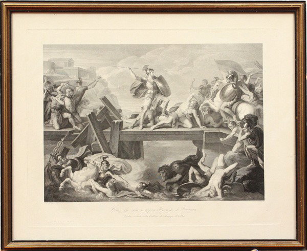 Etching, after Vincenzo Camuccini, Dom Marchetti: Framed etching, ''Orario Che Solo Si Oppose All' Esercito di Porsena'', Italian School, early 19th century, after Vincenzo Camuccini, by Domenico Marchetti, sight: 16.75''h x 23.75'', overall: 27''h x