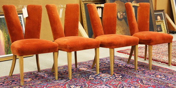 Paul Frankl, Corset dining chairs: (lot of 4) Paul Frankl (1886-1962), Corset oak dining chairs, for Johnson Furniture, with ''V''-back forms and a wood cross-bar detail, re-upholstered with an orange velour fabric, 36''h x 21''w x 22'