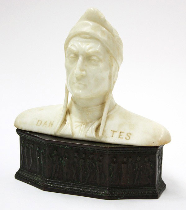 Carved bust, after Dante Aligheri: Marble Bust of Dante Aligheri inscribed ''Dantes'' (Italian, 19th Century), bronze base, overall: 7.5''h x 10.5''w x 5''d