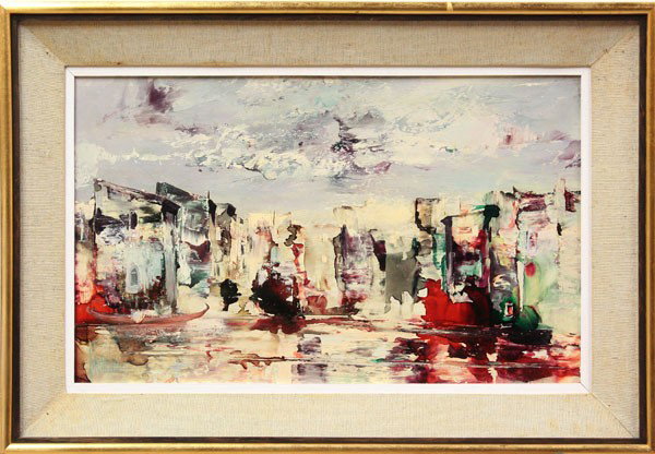 Painting, Jose Rodriguez Bronchu: Framed oil on board, ''Not a Veneciana'', Jose Rodriguez Bronchu (Spanish, b.1912), signed ''Bronchu'' lower left, titled and signed verso, sight: 15.25''h x 25''w, overall: 22.25''h x 32.25''w