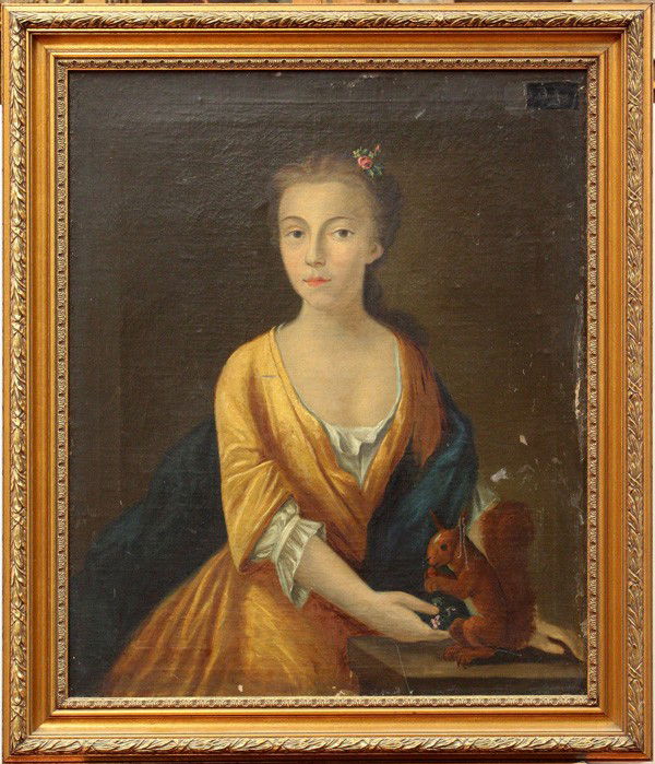 Painting, British School 18th century: Framed oil on canvas, ''Portrait of Miss Aylosbury, Sister to Wilson Ayolsbury Esq.'', British School (18th century), unsigned, title inscribed verso, sight: 25''h x 19.75''w, overall: 36.25''h x 31''