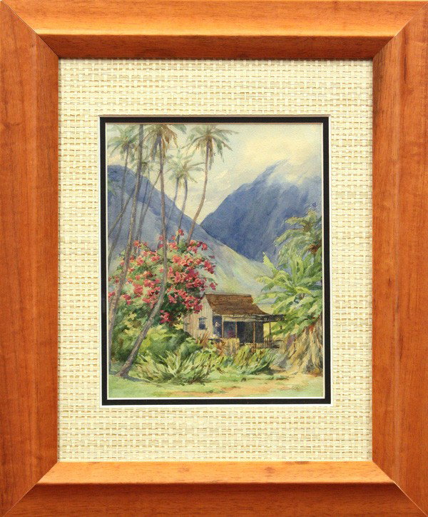 Watercolor, Helen Whitney Kelley: Framed watercolor, Hawaiian Landscape with House, by Helen Whitney Kelley (American, 1852-1910), signed ''H. Kelley'' lower left, sight: 9.75''h x 7.75''w, overall: 17.5''h x 14.5''w