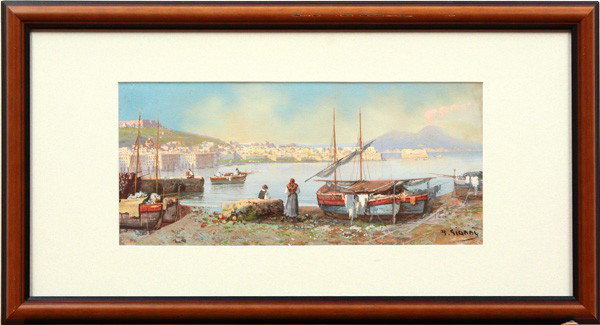 Painting, Giancinto Gianni,: Framed gouache on paper, Bay of Naples, by Giancinto Gianni (Italian, b.1873), signed ''G. Gianni'' lower right, 7''h x 15.75''w, 14''h x 22.75''w