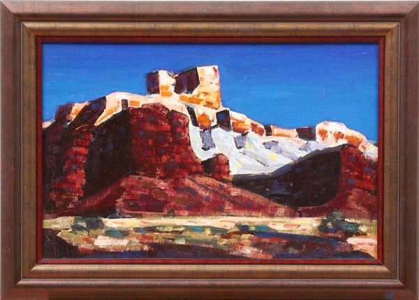 Painting, Conrad Buff, Mountain and Mesa: Framed oil on board, Mountain and Mesa, by Conrad Buff (Californian, 1886-1975), signed "Conrad Buff" lower right, George Stern Fine Arts label affixed verso, official estate stamp and signature of Ma