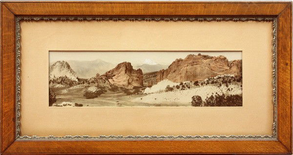 Photograph, William Henry Jackson, Pike's Peak: Framed tinted albumen print with white highlights, ''The Gateway and Pike's Peak'', circa 1898, by William Henry Jackson (Californian, 1843-1942), signed ''W.H.J. co'' and titled lower center, sight: