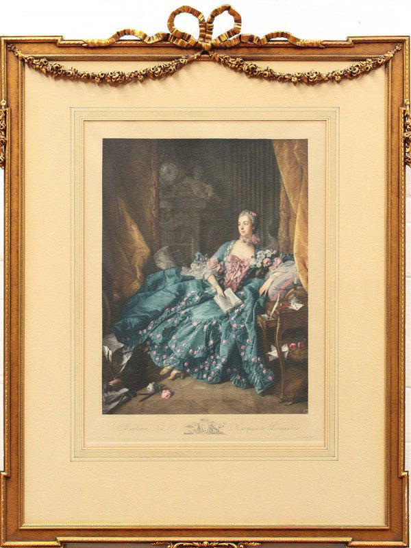 Etching, Franz Hanfstaengl, after Boucher: Framed color etching, ''Madame La Marquise de Pompadour,'' by Franz Seraph Hanfstaengl (German, 1804-1877), after a painting by Francois Boucher, bears artist's name and title within plate, sight: 20.