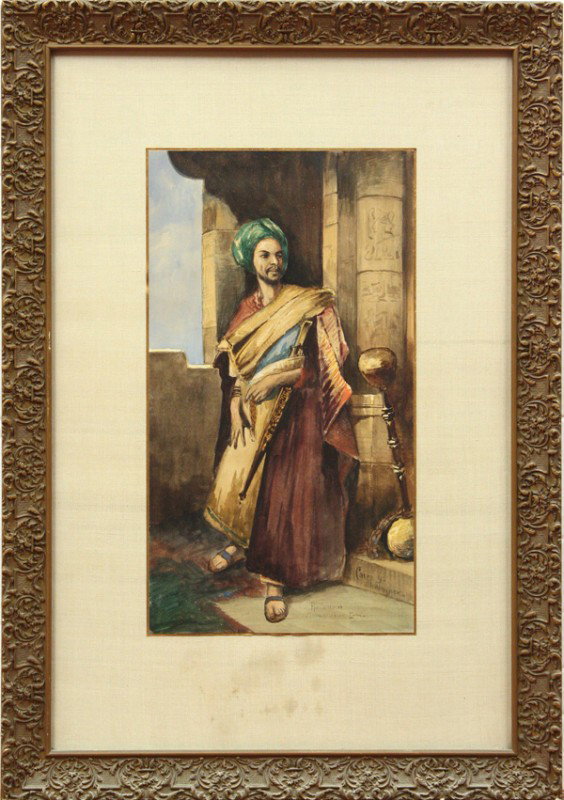 Watercolor, George Fischhof, Ali Mehemet, Egypt: Framed watercolor on board, ''Ali Mehemet Mameluken Emir,'' by Georg Fischhof (alias H. Wagner, Austrian, 1859-1914), signed ''H. Wagner'', titled, and dated lower right Cairo '97, sight: 16.25''h x 9