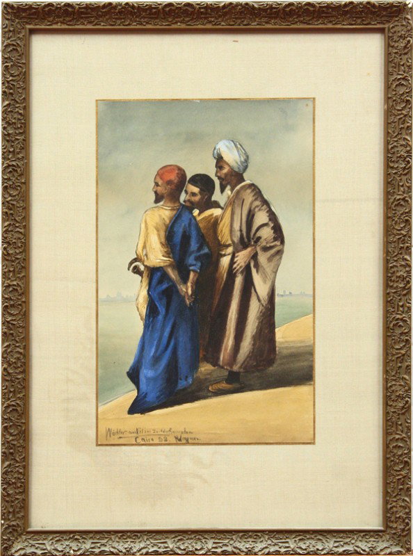 Watercolor, Georg Fischhof, Ramadan, Egypt: Framed watercolor on board, ''Wächter am Nil sur Zeit des Ramadan,'' 1898, by Georg Fischhof (alias H. Wagner, Austrian, 1859-1914), signed ''H. Wagner'', titled, and dated lower left Cairo '98, sigh
