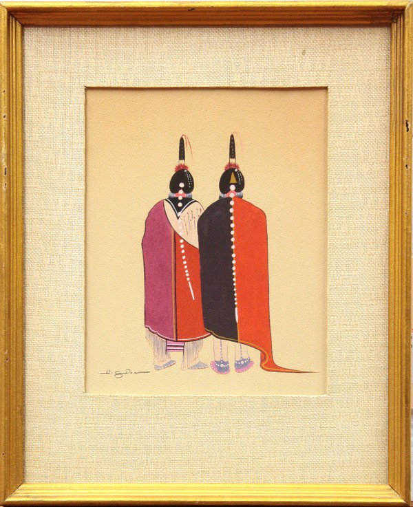 Painting, Woody Big Bow, Chiefs: Framed tempera on board, Two Chiefs, by Woody Big Bow (American, 1914-1988), signed ''Big Bow'' lower left, sight: 8''h x 7.5''w, overall: 17''h x 14''w