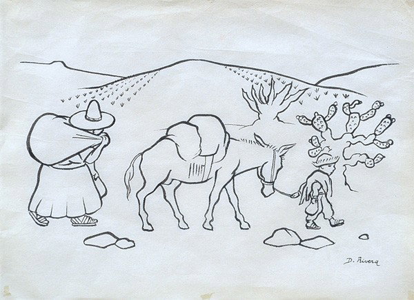Drawing, Attributed to Diego Rivera: Framed ink drawing, ''Escena Campirano (Campirano Scene)'', Attributed to Diego Rivera (Mexican, 1886-1957), signed ''D. Rivera'' lower right, sight: 8.625''h x 11.25''w, overall: 15''h x 19''w. Note: