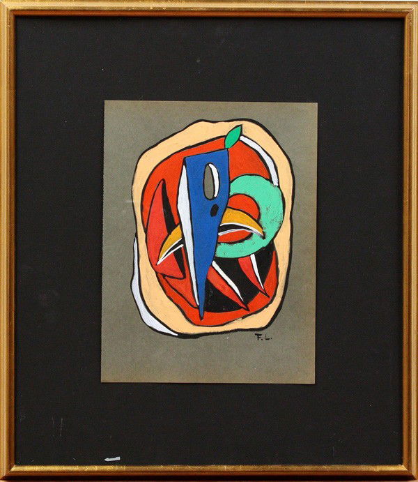 Gouache, Manner of Fernand Leger: Framed gouache on paper, Abstract, in the manner of Fernand Leger, mid 20th century, bears initials ''F.L.'' lower right, sight: 11.5''h x 8.5''w, overall: 19.5''h x 17.25''w,