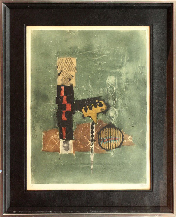 Etching, Johnny Friedlaender, Abstract: Framed aquatint etching, Abstract, by Johnny Friedlaender (French, 1912-1992), pencil signed ''Friedlaender'' lower right, numbered edition of 95 lower left, sight: 30''h x 22''w, overall: 41.75''h x 