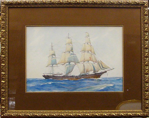 Watercolor, Charles Rosner, Ship Under Sail: Framed watercolor, Ship Under Sail, 1927, by Charles Rosner (American 1894-1975), signed and dated ''Chas Rosner '27'' lower right, sight: 17''h x 24.75''w, overall: 31.25''h x 38.5''w