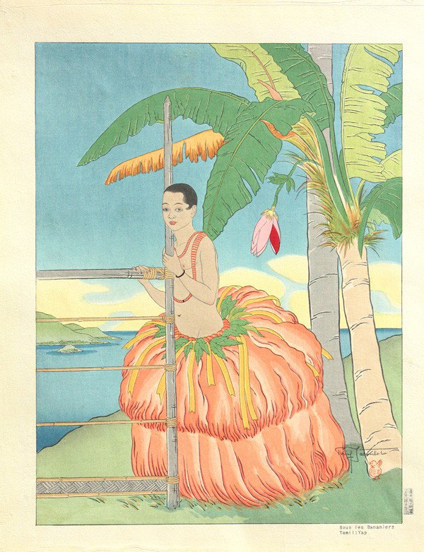 Woodblock Print, Paul Jacoulet, Miles #92: Unframed oversize color woodblock print, Paul Jacoulet (French, 1902-1960), entitled Sous les Bananiers Tomil: Yap (Under the Banana Trees. Tomil, Yap) [Miles #92], 1 April 1948, pencil signature with