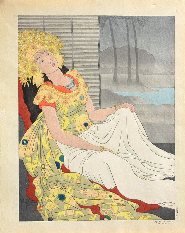 Woodblock Print, Paul Jacoulet, Miles #67: Unframed oversize color woodblock print, Paul Jacoulet (French, 1902-1960), entitled Apres la Danse. Celebes (After the Dance. Celebes) [Miles #67], 29 June 1940, pencil signature with butterfly seal,