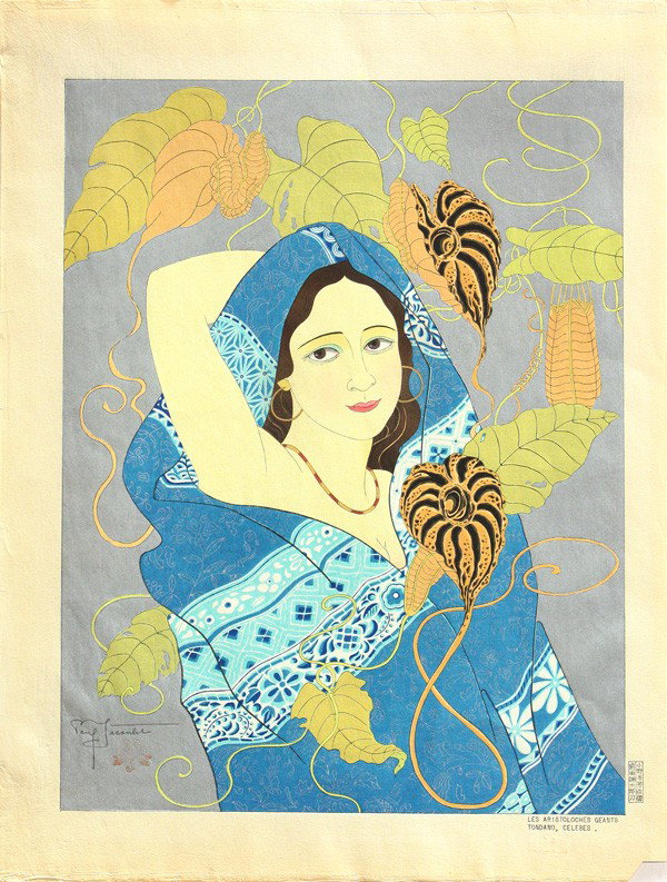 Woodblock Print, Paul Jacoulet, Miles #129: Unframed oversize color woodblock print, Paul Jacoulet (French, 1902-1960), entitled Les Aristoloches Geants. Tondano, Celebes (The Giant Aritoloches. Tondano, Celebes) [Miles #129], 15 April 1953, pe