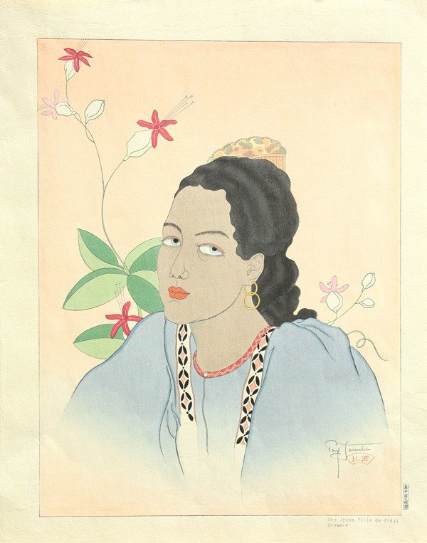 Woodblock Print, Paul Jacoulet, Miles #16: Unframed oversize color woodblock print, Paul Jacoulet (French, 1902-1960), entitled Une Jeune Fille de Fidji. Oceanie (A Young Fiji Girl. Oceania) [Miles #16], 24 February 1935, pencil signed and wit