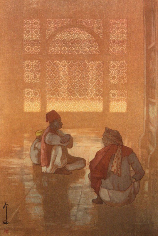 Three Japanese Modern Prints, Hiroshi Yoshida: (lot of 3) Unframed Japanese modern woodblock prints, by Hiroshi Yoshida (1876-1950), including Kagurazaka Street, 1929; A Window in Fatehpur-Sikri, 1931; Three Little Island, 1930; (each with margins
