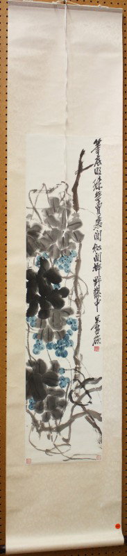 Chinese Scroll, Wu Changshuo (after), Grapes: Chinese hanging scroll, Grapes, after Wu Changshuo (1844-1927), the right with a colophon, bearing the signature 'Wu Changshuo', with three seals, overall: 75.5''h x 16.5''w, image: 45.5''h x 11''w
