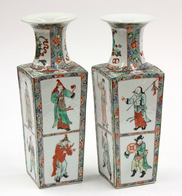 Chinese Famille Verte Vases,Qing/Republic: Pair of Chinese famille verte enameled porcelain vases, late Qing/Republic, each of baluster form with the tapering square section body decorated with two militaristic figures to each side framed by f
