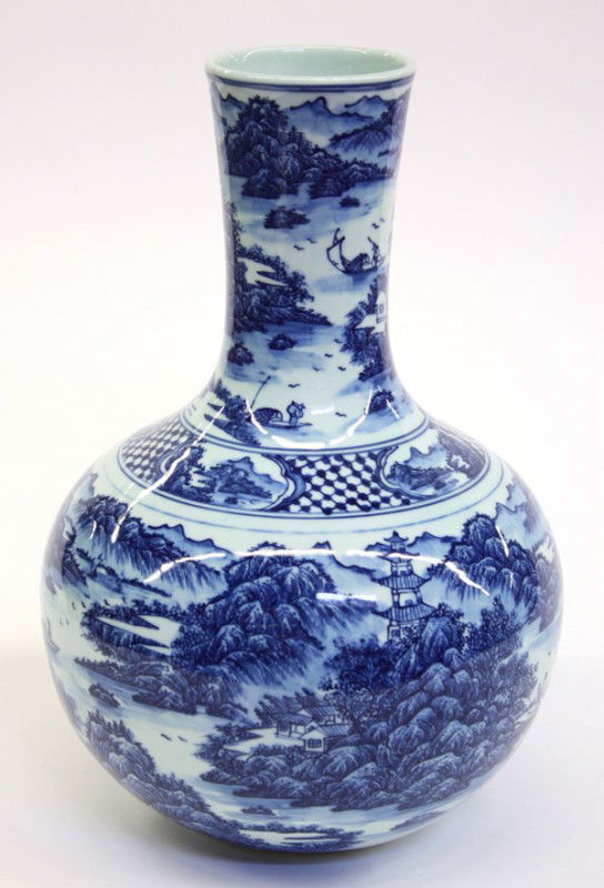 Chinese Blue-and-White Stick-neck Vase: Chinese underglaze blue decorated porcelain stick-neck vase, the tapering neck and globular body depicted with mountains and water dotted with sails, pavilion and birds, separated by a landscape reser
