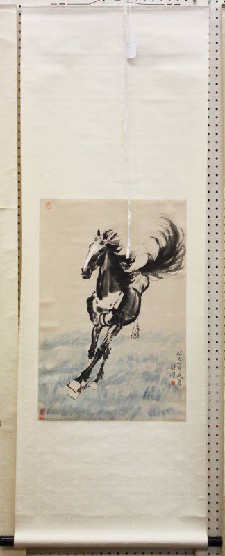 Chinese Scroll, Xu Beihong (after), Horse: Chinese hanging scroll, Horse, after Xu Beihong (1895-1953), ink and color on paper, the lower right bearing the cyclical date 'guisi' seventh month, bearing the signature Beihong, with four seals, ov