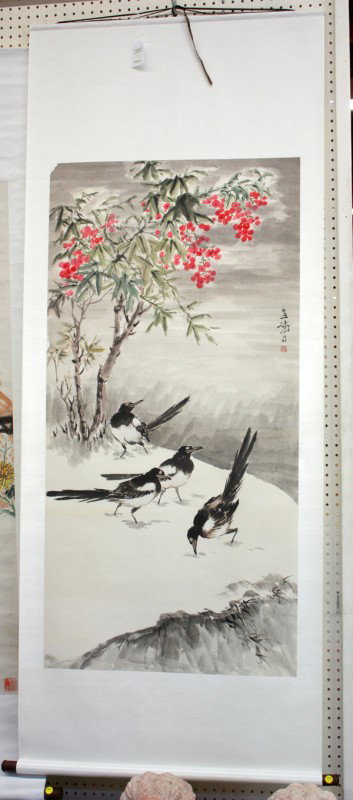 Chinese Scroll, Wang Xuetao(after), Magpies: Chinese hanging scroll, Four Magpies Below Fruiting Tree, after Wang Xuetao (1903-1982), ink and color on paper, the right inscribed 'Xuetao xie' and sealed 'Wang Xuetao yin', overall: 77.5''h x 31.25