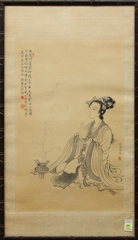 Chinese Painting, Wang Shizhao/Xu Hanqing, Prayin: Framed Chinese painting, Praying Beauty, by Wang Shizhao (b.1905) and Xu Hanqing, ink on paper, the upper left inscribed with a poetic colophon, cyclical date 'dingyou' (=1957), dedicated to Mr. Da Ni